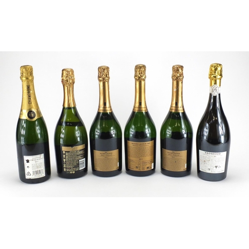 2111 - Six bottles of Champagne and Prosecco including Roche Lacour and Etienne Dumont