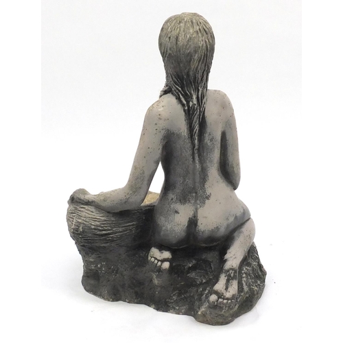 147 - Stoneware garden bird bath of a nude female holding a shell, 70cm high