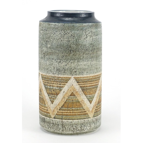 964 - Troika St Ives pottery vase of cylindrical form, hand painted with a continuous zigzag, painted fact... 