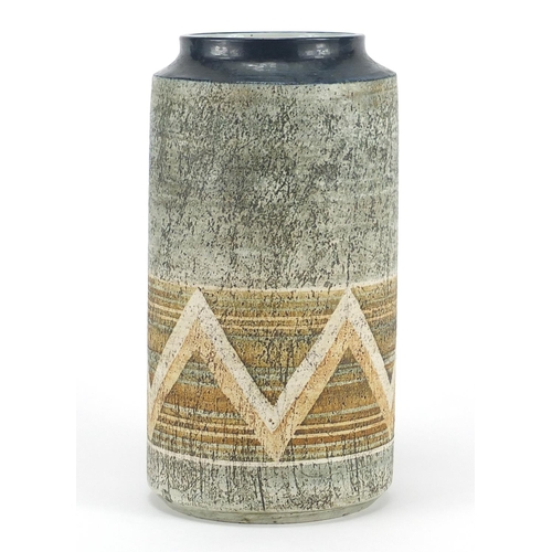 964 - Troika St Ives pottery vase of cylindrical form, hand painted with a continuous zigzag, painted fact... 