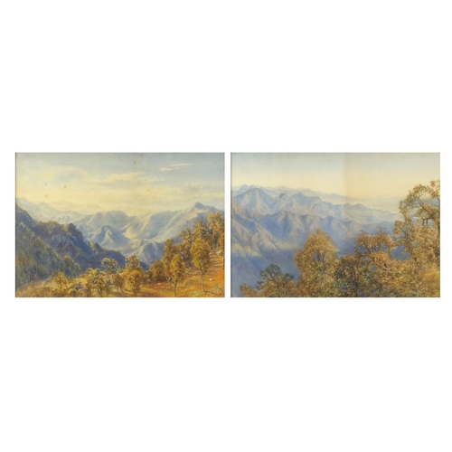 1656 - Extensive mountain landscapes with trees, pair of early 20th century watercolours, both bearing a mo... 
