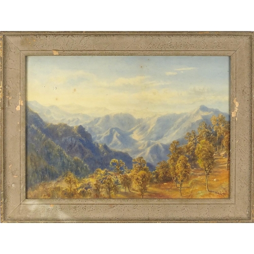 1656 - Extensive mountain landscapes with trees, pair of early 20th century watercolours, both bearing a mo... 