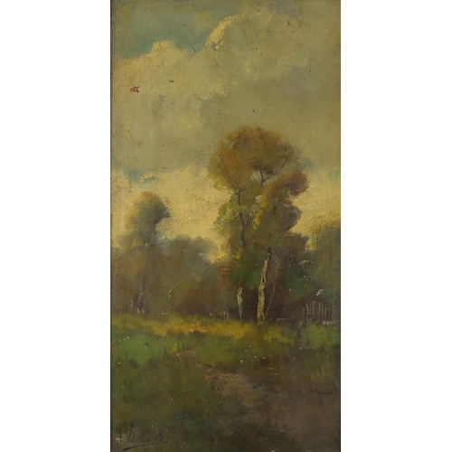 1641 - Valentin - Landscape with trees, 19th century French impressionist oil on wood panel, mounted and fr... 