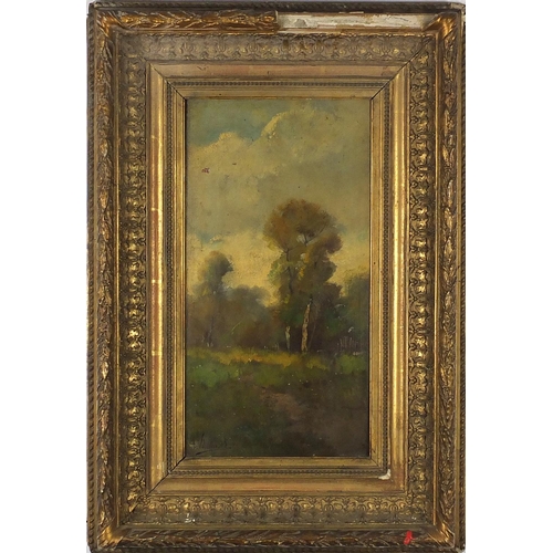 1641 - Valentin - Landscape with trees, 19th century French impressionist oil on wood panel, mounted and fr... 