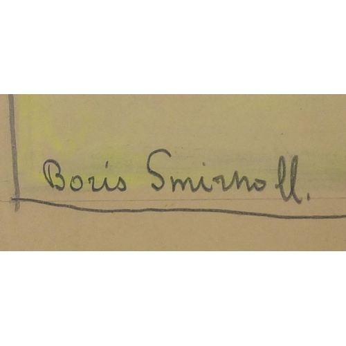 1631 - Boris Smirnoff - Bull fighter, mixed media on card, fold out exhibition poster verso, framed, 46.5cm... 