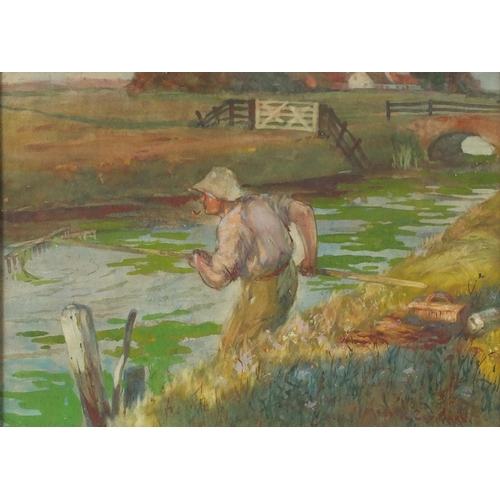 1638 - Workman by the river, watercolour, bearing a signature C Wilks, framed, 37cm x 26cm