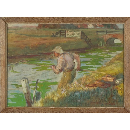 1638 - Workman by the river, watercolour, bearing a signature C Wilks, framed, 37cm x 26cm