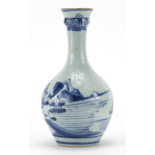 605 - Chinese porcelain bottle vase with flared rim, hand painted with a continuous river landscape, 22cm ... 