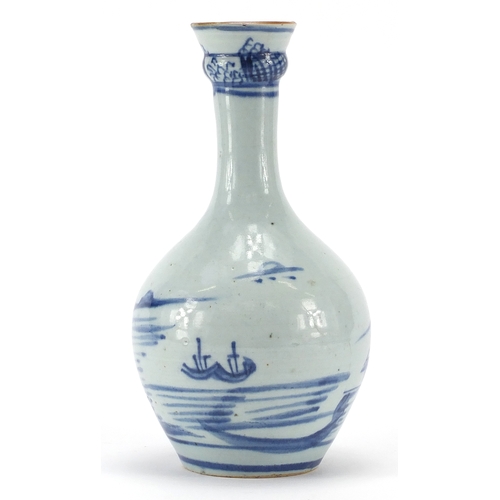 605 - Chinese porcelain bottle vase with flared rim, hand painted with a continuous river landscape, 22cm ... 