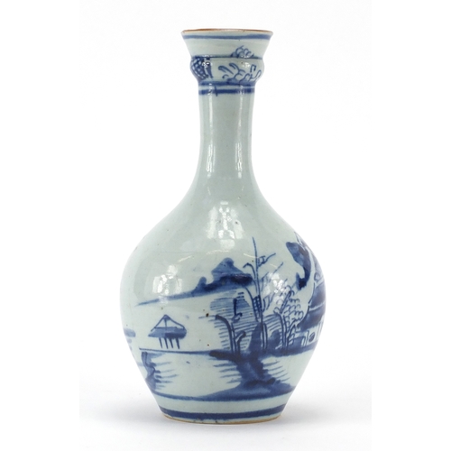 605 - Chinese porcelain bottle vase with flared rim, hand painted with a continuous river landscape, 22cm ... 