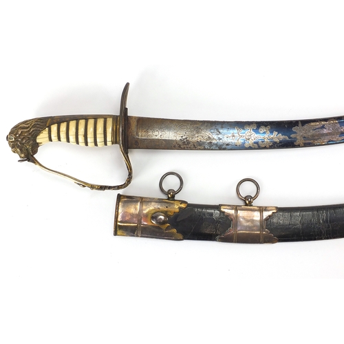 573 - Good 19th century 1803 pattern Infantry Officers sabre, with leather scabbard, the sabre with wire b... 