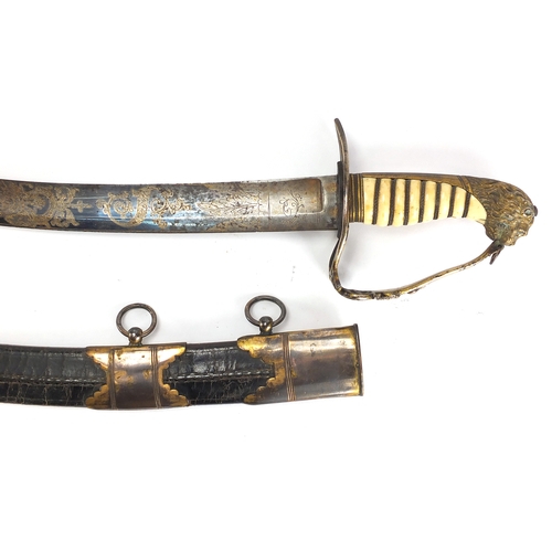 573 - Good 19th century 1803 pattern Infantry Officers sabre, with leather scabbard, the sabre with wire b... 