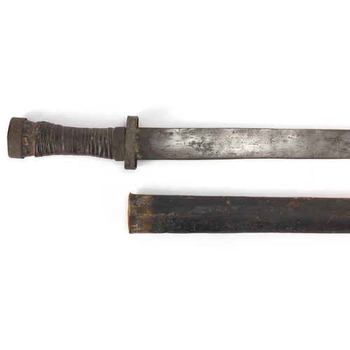 579 - Military interest sword with scabbard and steel blade, 88cm in length