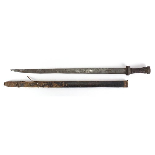 579 - Military interest sword with scabbard and steel blade, 88cm in length