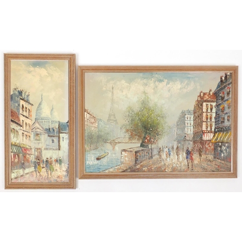 155 - Burnett, two oil on canvas, Parisian street scenes, both framed, the largest 75cm x 50cm