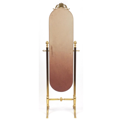 2011 - Heavy brass cheval mirror with bevelled glass and pineapple finials, 155cm high