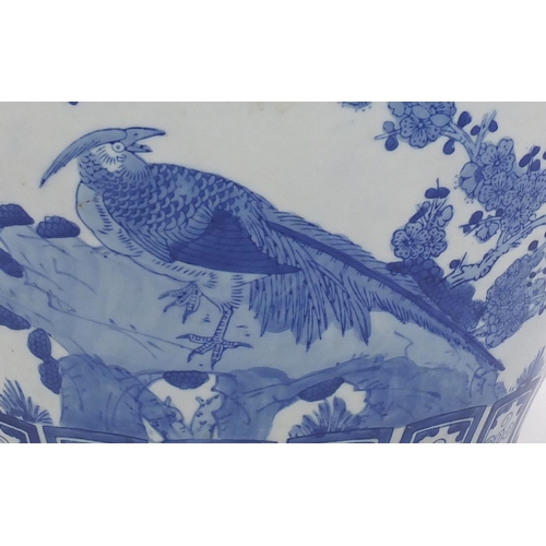 2057 - Large Chinese blue and white porcelain jardinière, hand painted with flowers and birds of Paradise, ... 