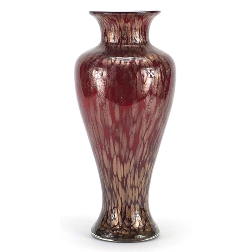 2129 - Red and gold glitter design art glass vase, 36cm high