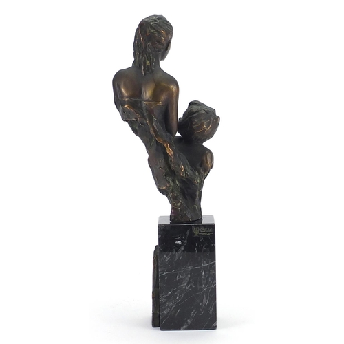 2087 - Andre Paor - Mujery Nino, bronze study of a mother and child on a square black marble base, overall ... 