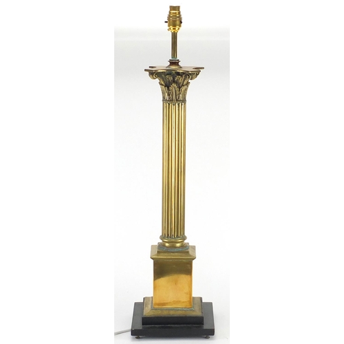 2085 - Large brass Corinthian column table lamp, with ebonised base, 74cm high