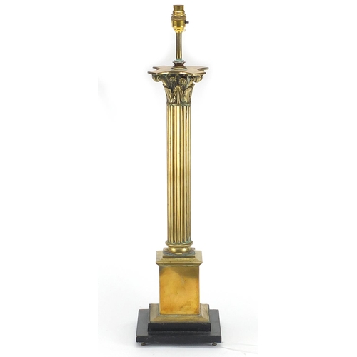 2085 - Large brass Corinthian column table lamp, with ebonised base, 74cm high