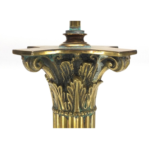 2085 - Large brass Corinthian column table lamp, with ebonised base, 74cm high