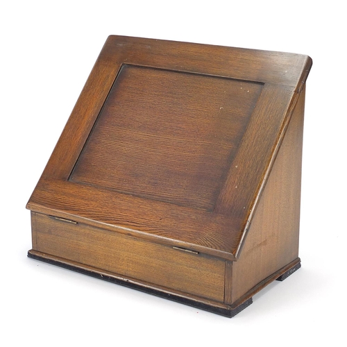 2113 - Edwardian oak sloped front writing slope and letter rack, 29cm H x 32.5cm W x 19cm D