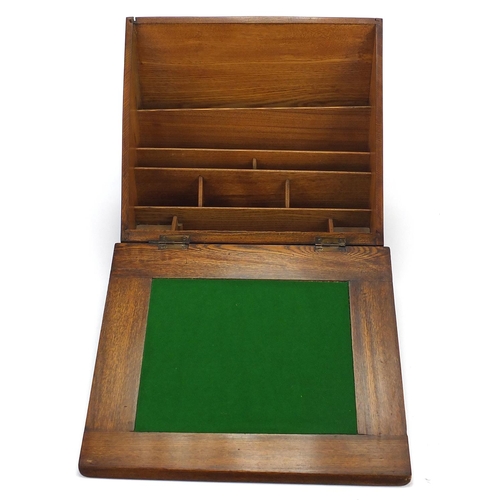 2113 - Edwardian oak sloped front writing slope and letter rack, 29cm H x 32.5cm W x 19cm D