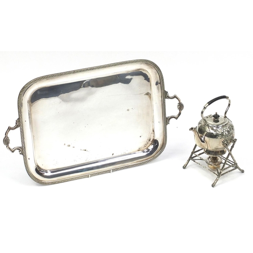 2082 - Large silver plated serving tray with twin handles, together with a Walker & Hall teapot on naturali... 