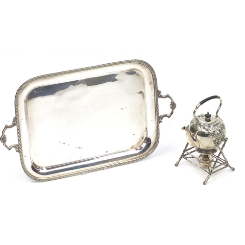 2082 - Large silver plated serving tray with twin handles, together with a Walker & Hall teapot on naturali... 