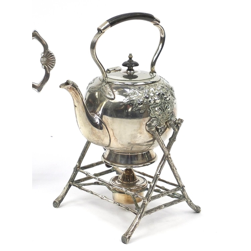 2082 - Large silver plated serving tray with twin handles, together with a Walker & Hall teapot on naturali... 