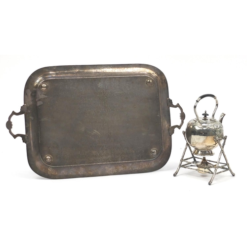 2082 - Large silver plated serving tray with twin handles, together with a Walker & Hall teapot on naturali... 