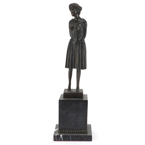 2086 - After Chiparus - Bronze study of an Art Deco female, with French plaque on black slate and marble ba... 