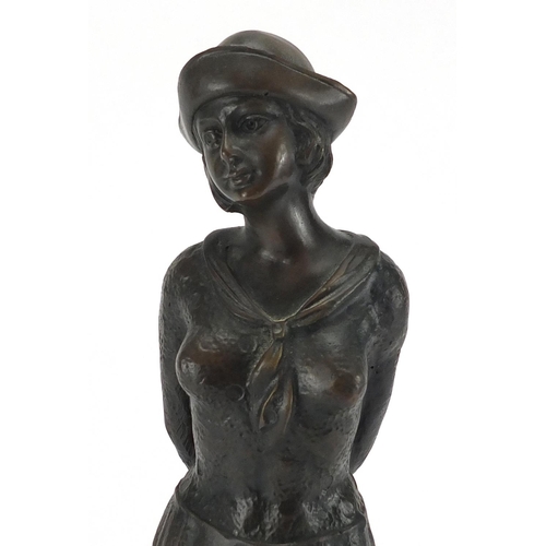 2086 - After Chiparus - Bronze study of an Art Deco female, with French plaque on black slate and marble ba... 