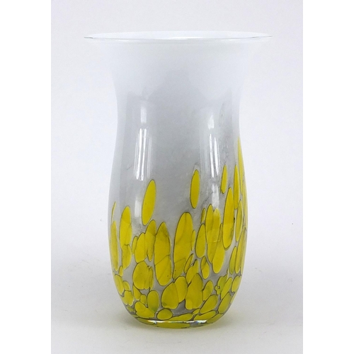 2131 - Stylish Tarnowiec white and yellow art glass vase with label, 30cm high