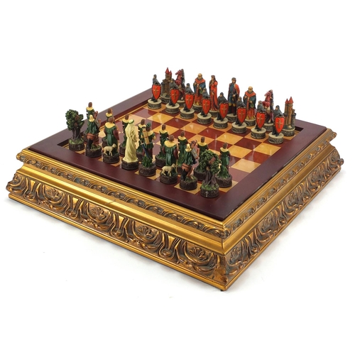 2050 - Robin Hood hand painted chess set with board, the board 42cm x 42cm