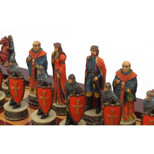 2050 - Robin Hood hand painted chess set with board, the board 42cm x 42cm