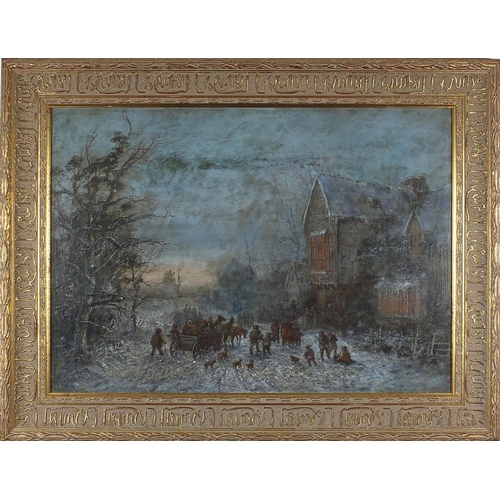 2063 - Figures playing in snow and in horse drawn carts before buildings, oil on board, bearing an indistin... 