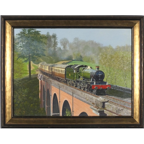 2154 - Ken Farmer - Locomotive on viaduct, oil on canvas, framed, 39cm x 29cm