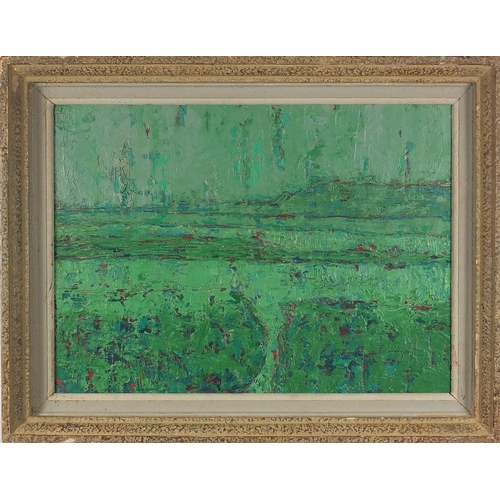 2160 - Abstract composition, coastal scene, oil on board, bearing an indistinct signature and inscription L... 