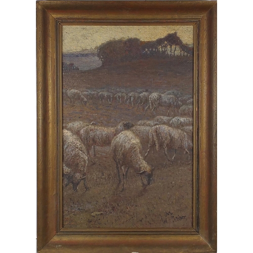 2126 - Sheep grazing, oil on board, bearing an indistinct signature to the lower right, framed, 59cm x 38cm