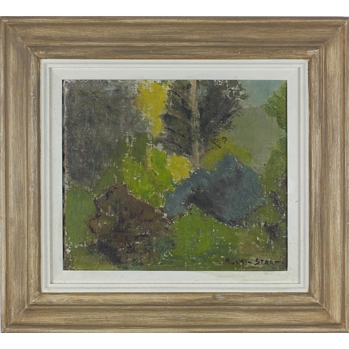 2254 - Garden scene, oil scene on canvas board, bearing a signature Ruskin Stear, mounted and framed, 28cm ... 