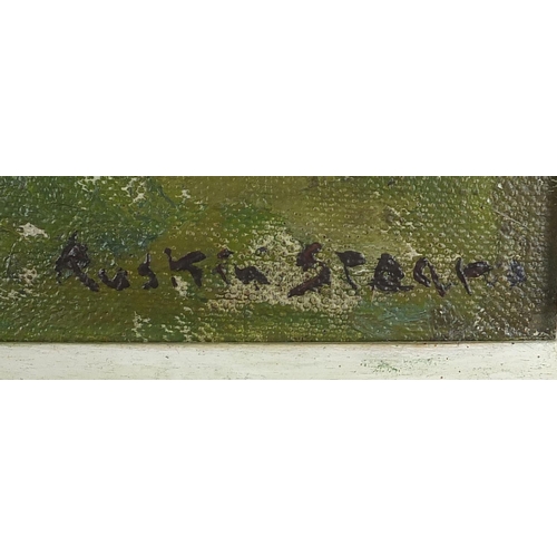 2254 - Garden scene, oil scene on canvas board, bearing a signature Ruskin Stear, mounted and framed, 28cm ... 