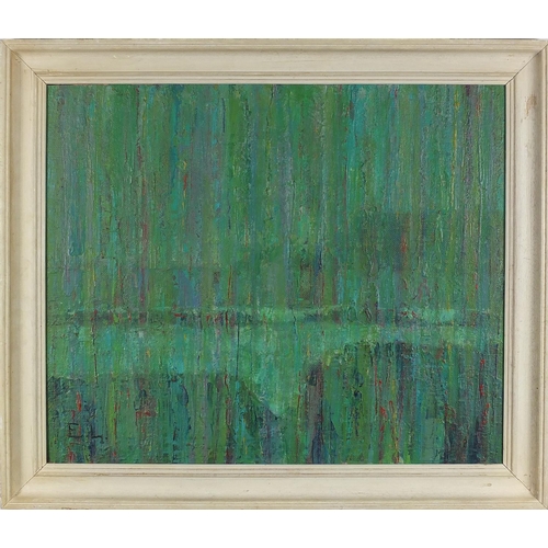 2122 - Abstract composition, oil on board, bearing a monogram EL, framed, 59cm x 49cm