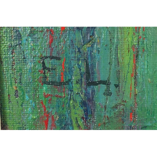 2122 - Abstract composition, oil on board, bearing a monogram EL, framed, 59cm x 49cm