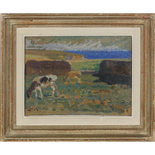 2181 - Cows grazing, impressionist oil on board, bearing a signature Leech, mounted and framed, 31.5cm x 23... 