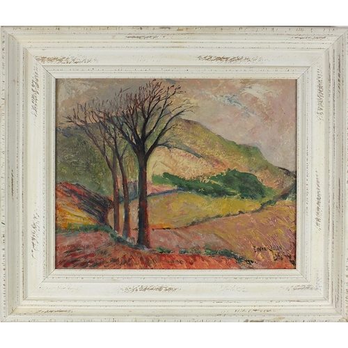 2216 - Landscape with mountains and trees, impressionist oil on board, bearing a signature Einar Jolin, fra... 