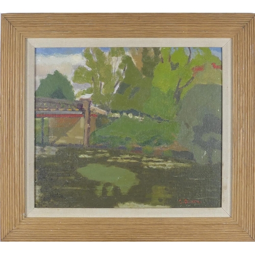 2090 - River scene with bridge, oil on board, bearing a signature Genner, mounted and framed, 34cm x 29.5cm