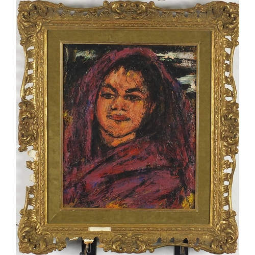 2184 - Portrait of an Eastern girl, oil on board, bearing an indistinct signature and inscription verso, mo... 