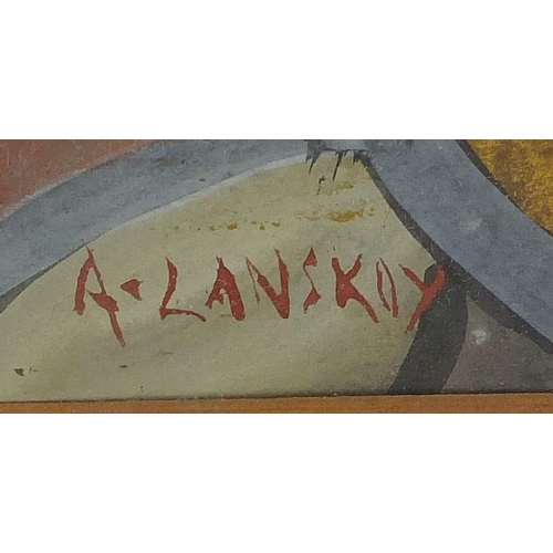 2215 - Abstract composition, mixed media on card, bearing a signature Lanskoy, mounted and framed, 22cm x 1... 